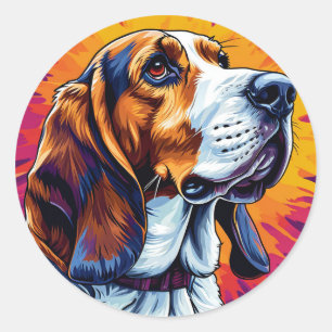 Sticker Rond Chien Basset Hound avec fond coloré