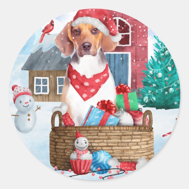 Sticker Rond Chien Beagle dans la maison de Noël enneigée (Devant)