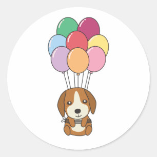 Sticker Rond Chien beagle Des Mouches Avec Des Ballons Colorés