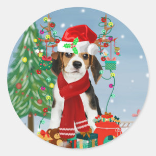 Sticker Rond Chien beagle en neige avec cadeaux de Noël
