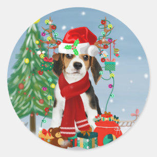 Sticker Rond Chien beagle en neige avec cadeaux de Noël