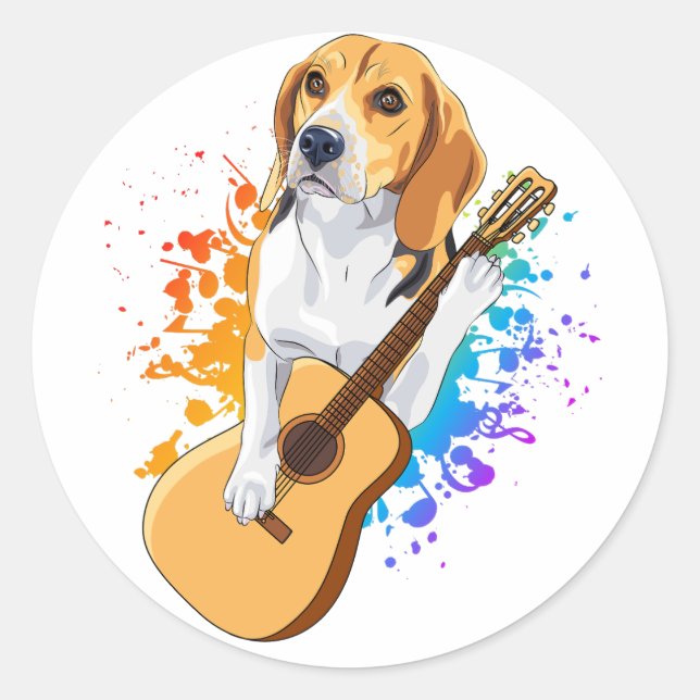 Sticker Rond Chien beagle jouant à la guitare acoustique (Devant)