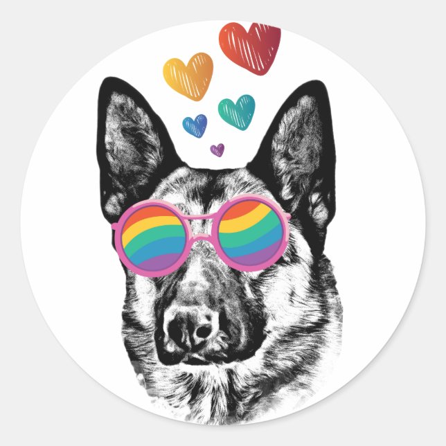 Sticker Rond Chien berger allemand avec coeur Saint-Valentin (Devant)