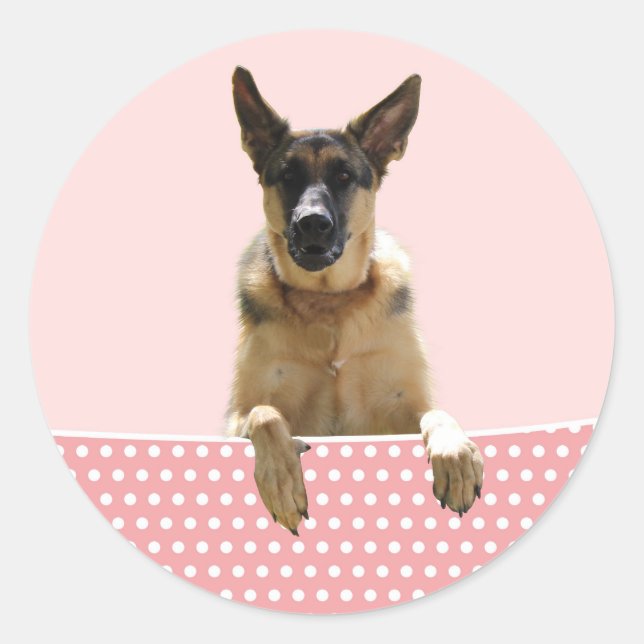 Sticker Rond Chien berger allemand Pois roses (Devant)