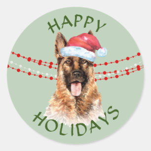 Sticker Rond Chien berger allemand Santa Hat Joyeuses Fêtes