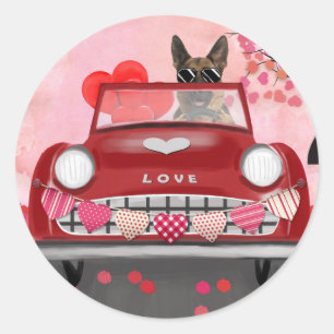 Sticker Rond Chien Berger Allemand Voiture avec coeurs Saint-Va