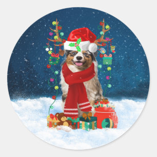 Sticker Rond Chien berger australien en neige cadeau de Noël