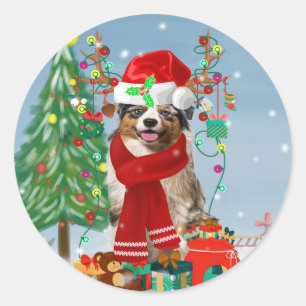 Sticker Rond Chien berger australien en Noël de neige