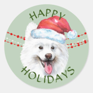 Sticker Rond Chien blanc Samoyé Santa Hat Joyeuses Fêtes