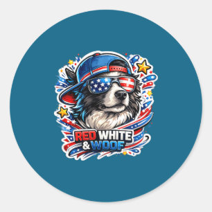 Sticker Rond Chien border collie drôle rouge blanc et toutou