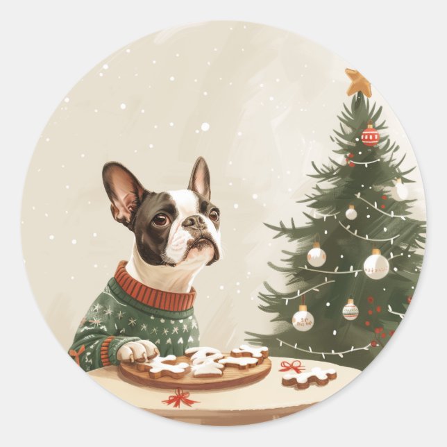 Sticker Rond Chien Boston Terrier de Noël (Devant)