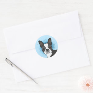 Sticker Rond Chien Boston Terrier Noir Et Blanc Sur Fond Bleu