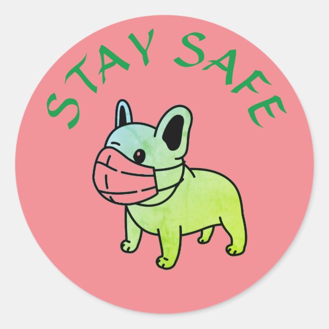 STICKER ROND CHIEN BOULEDOGUE CARTOON SÉCURITAIRE AVEC MASQUE S (Devant)