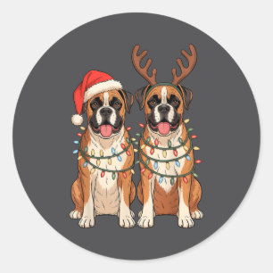 Sticker Rond Chien Boxer Noël Chapeau de Père Noël Renne Lumièr