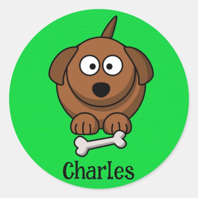 Sticker Rond Chien Brown avec os personnalisé sur vert (Devant)