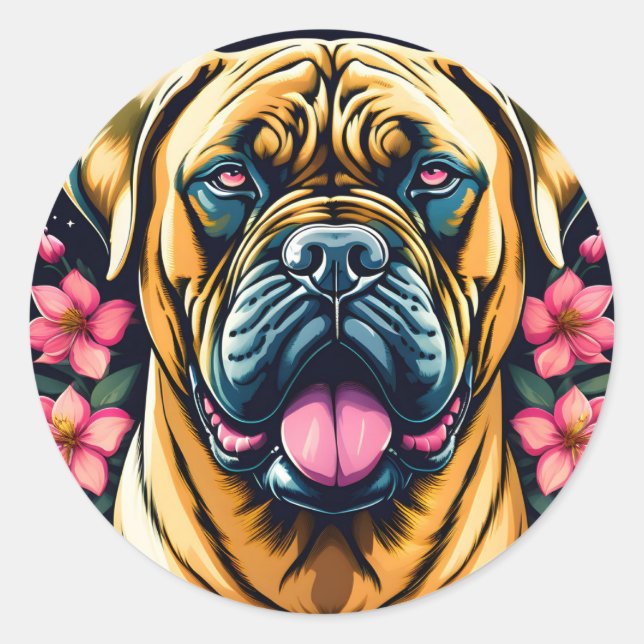 Sticker Rond Chien bullmastiff floral (Devant)