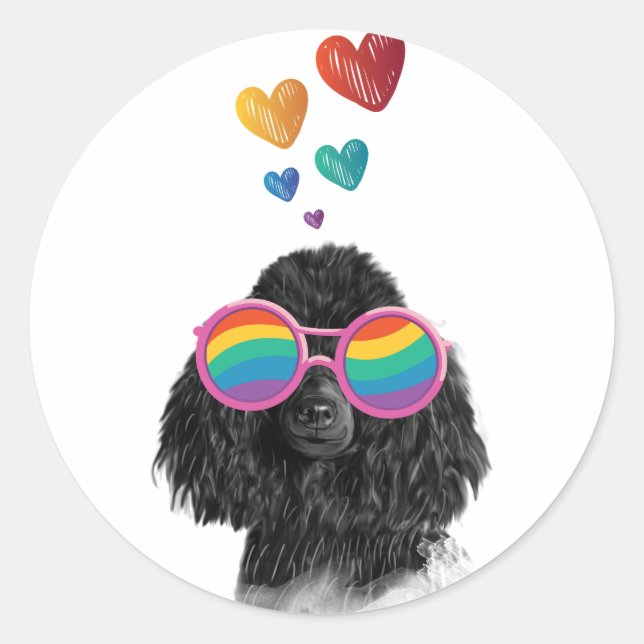 Sticker Rond Chien Caniche avec coeurs Saint-Valentin  (Devant)