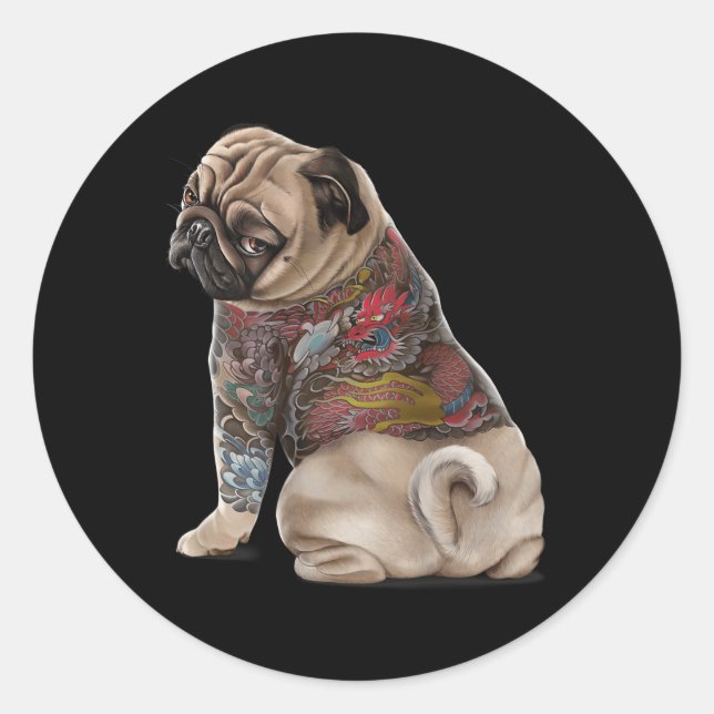 Sticker Rond Chien carlin Avec Dragon Japonais Traditionnel Tat (Devant)