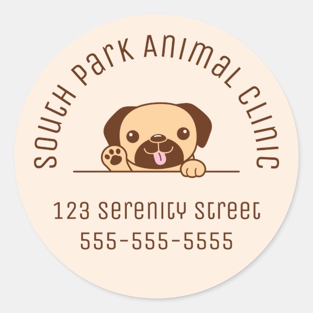 Sticker Rond Chien Carlin gai Peeking Beige Custom Text (Devant)