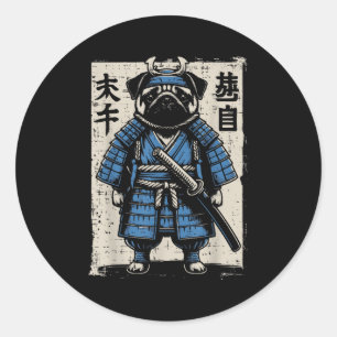 Sticker Rond Chien Carlin Samurai Funny Japonais Guerrier Art H