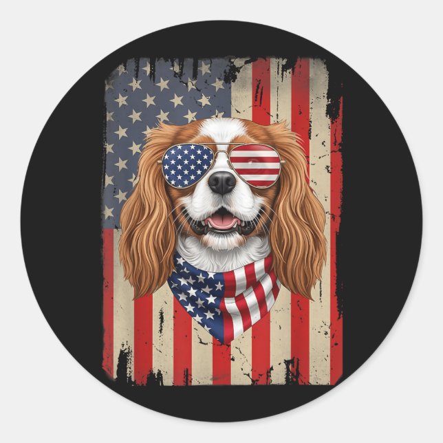 Sticker Rond Chien Cavalier King Charles Spaniel 4 Juillet (Devant)