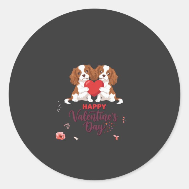 Sticker Rond Chien Cavalier King Fleuris Joyeuse Saint-Valentin (Devant)