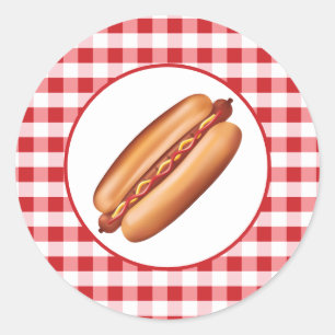 Sticker Rond Chien Chaud Snack De Fast Food Sur Gingham Rouge