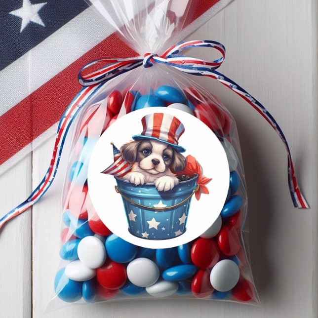 Sticker Rond Chien Chien Chien Chien Rouge Blanc Bleu Haut Chap (4th of July puppy sticker)