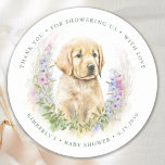 Sticker Rond Chien Chien Moderne Sage Vert Baby shower Merci<br><div class="desc">Invitation vos amis et votre famille pour célébrer l'arrivée de votre nouveau bébé garçon avec cette adorable invitation de chiot bonjour, accessoires de fête et cadeaux. Cette invitation baby shower présente un récupérateur doré à l'aquarelle peint à la main, parfait pour les amoureux de les chiens ! Le design est...</div>