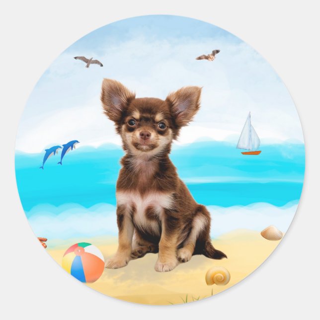 Sticker Rond Chien Chihuahua sur la plage (Devant)