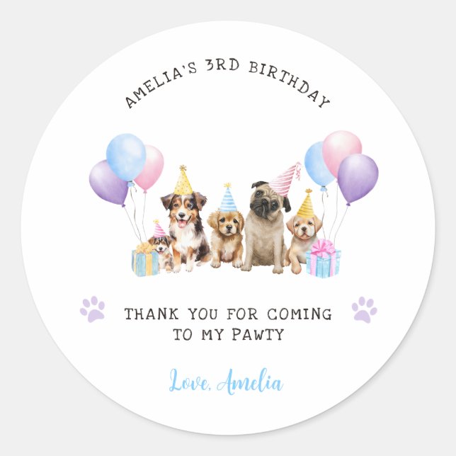 Sticker Rond Chien chiot Anniversaire de la fête (Devant)