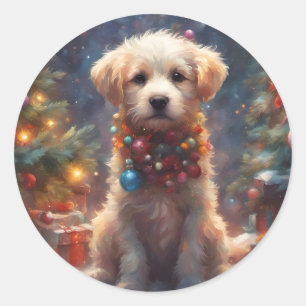 Sticker Rond Chien chiot de Noël