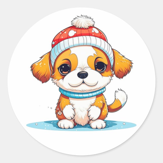 Sticker Rond Chien chiot de Noël Kawaii (Devant)