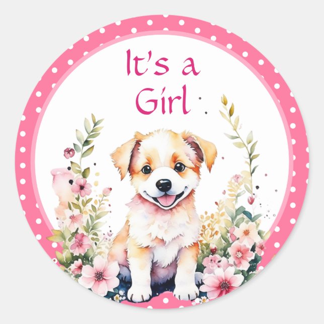 Sticker Rond Chien chiot en fleurs Baby shower de fille C'est u (Devant)