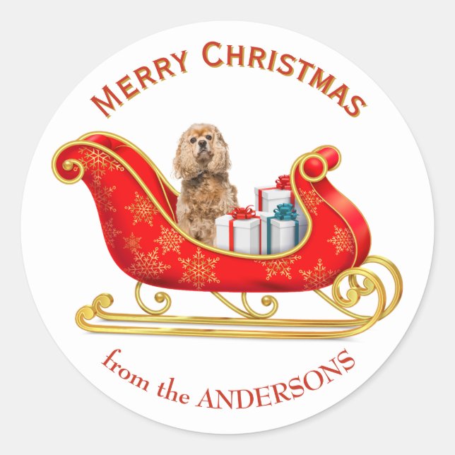 Sticker Rond Chien Cocker Spaniel Buff Traîneau de Noël (Devant)