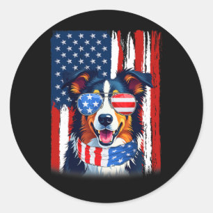 Sticker Rond Chien Colley de Border Usa Drapeau Américain 4 Jui