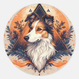 Sticker Rond Chien Collie avec un fond géométrique vibrant