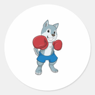 Sticker Rond Chien comme boîte avec gants de boxe
