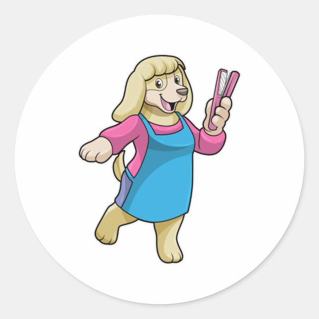 Sticker Rond Chien comme coiffeur avec peigne (Devant)