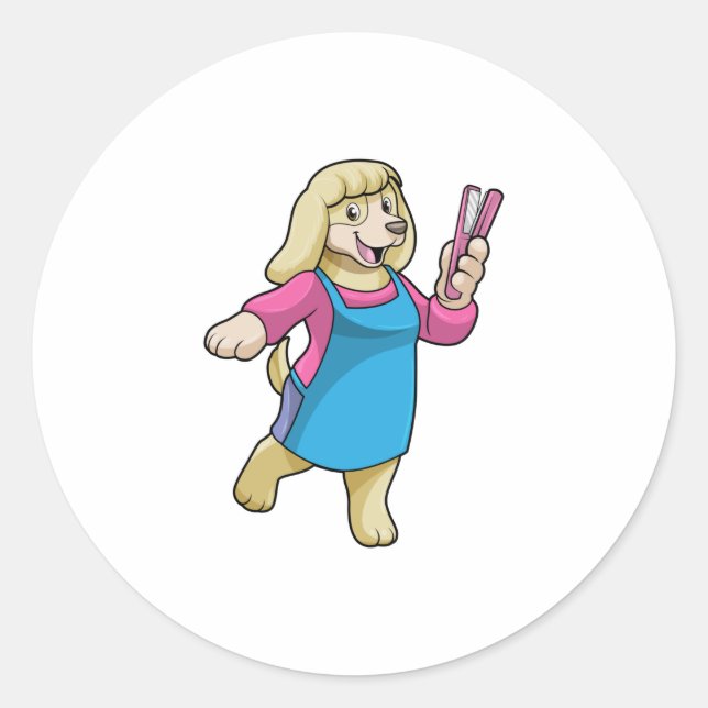 Sticker Rond Chien comme coiffeur avec peigne (Devant)
