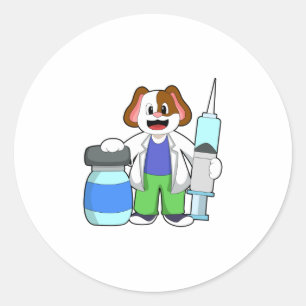Sticker Rond Chien comme docteur avec seringue