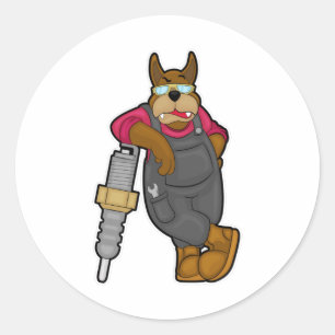 Sticker Rond Chien comme mécanicien avec bougie