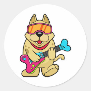 Sticker Rond Chien comme musicien avec guitare