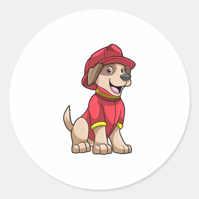 Sticker Rond Chien comme pompier avec casque d'incendie (Devant)