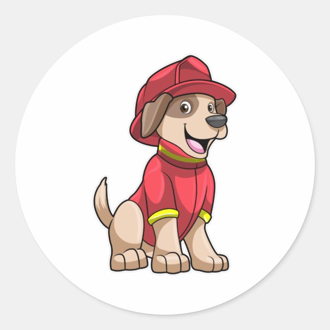 Sticker Rond Chien comme pompier avec casque d'incendie (Devant)