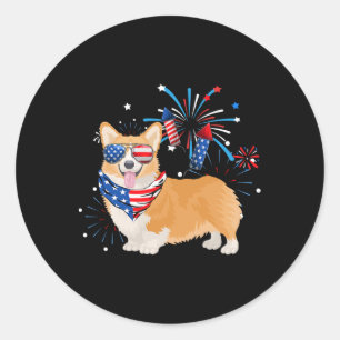 Sticker Rond Chien Corgi Drapeau Américain Usa 4 Juillet Hommes