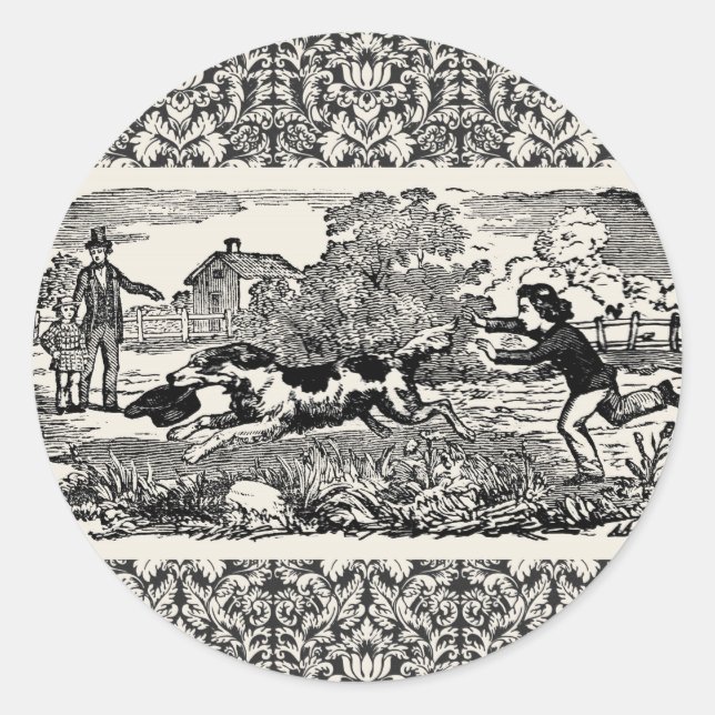 Sticker Rond Chien courant art animal antique illustration vict (Devant)
