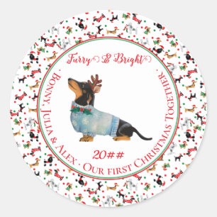Sticker Rond Chien Dachshund Reindeer Casquette Noël Furie bril