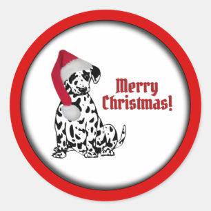 Sticker Rond Chien Dalmatien Bonnet Rouge Chaussette Joyeux Noë
