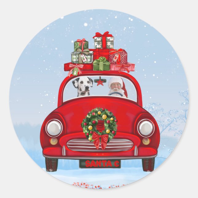 Sticker Rond Chien Dalmatien En Voiture Avec Le Père Noël (Devant)